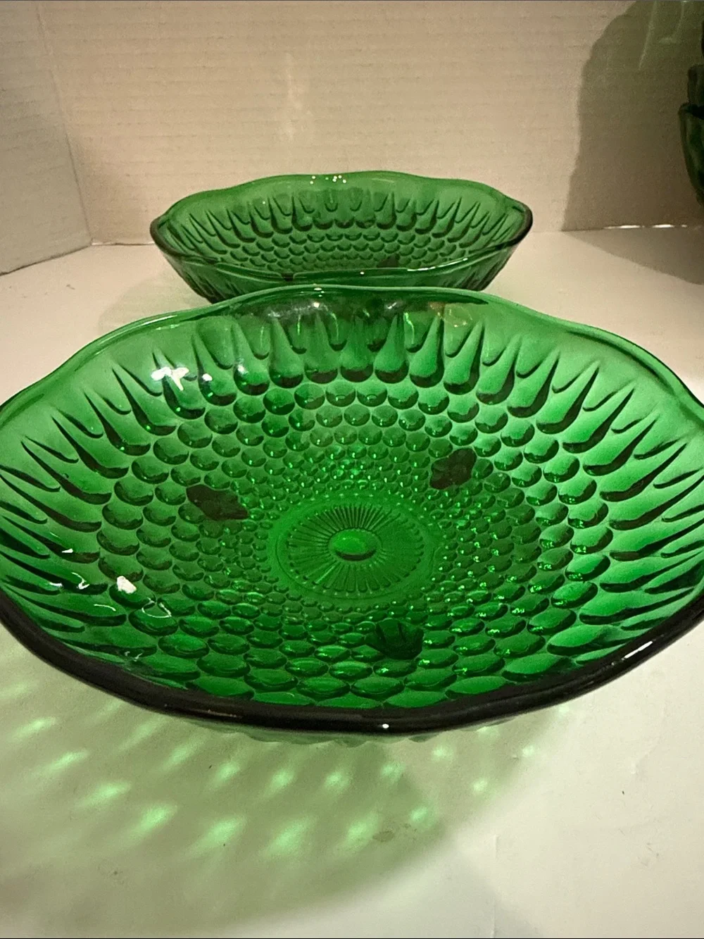 Vintage Emerald Green Pressed Glass Bowls - Set of 2